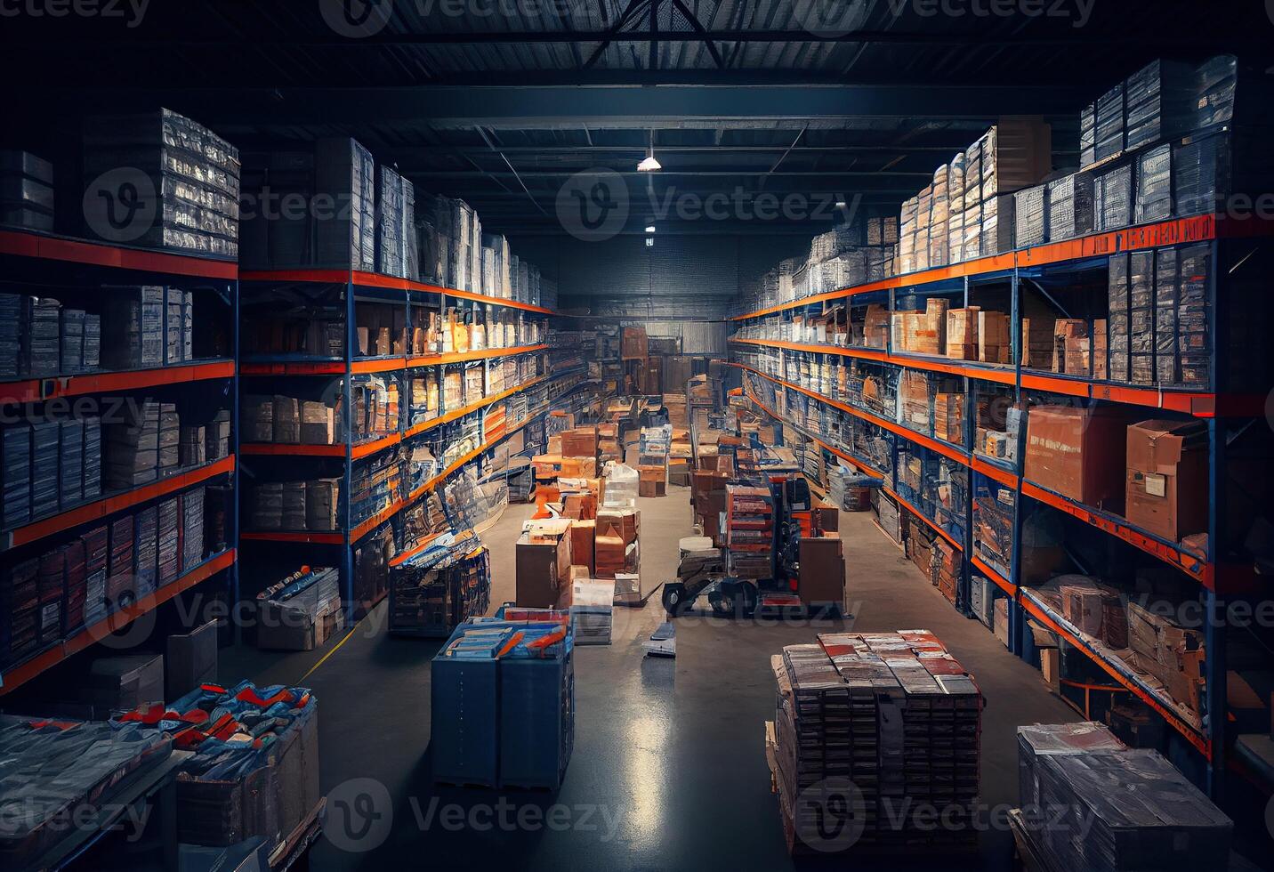 illustration of huge distribution warehouse with high shelves, huge sales warehouse, hundreds of thousands of products, endless factory photo