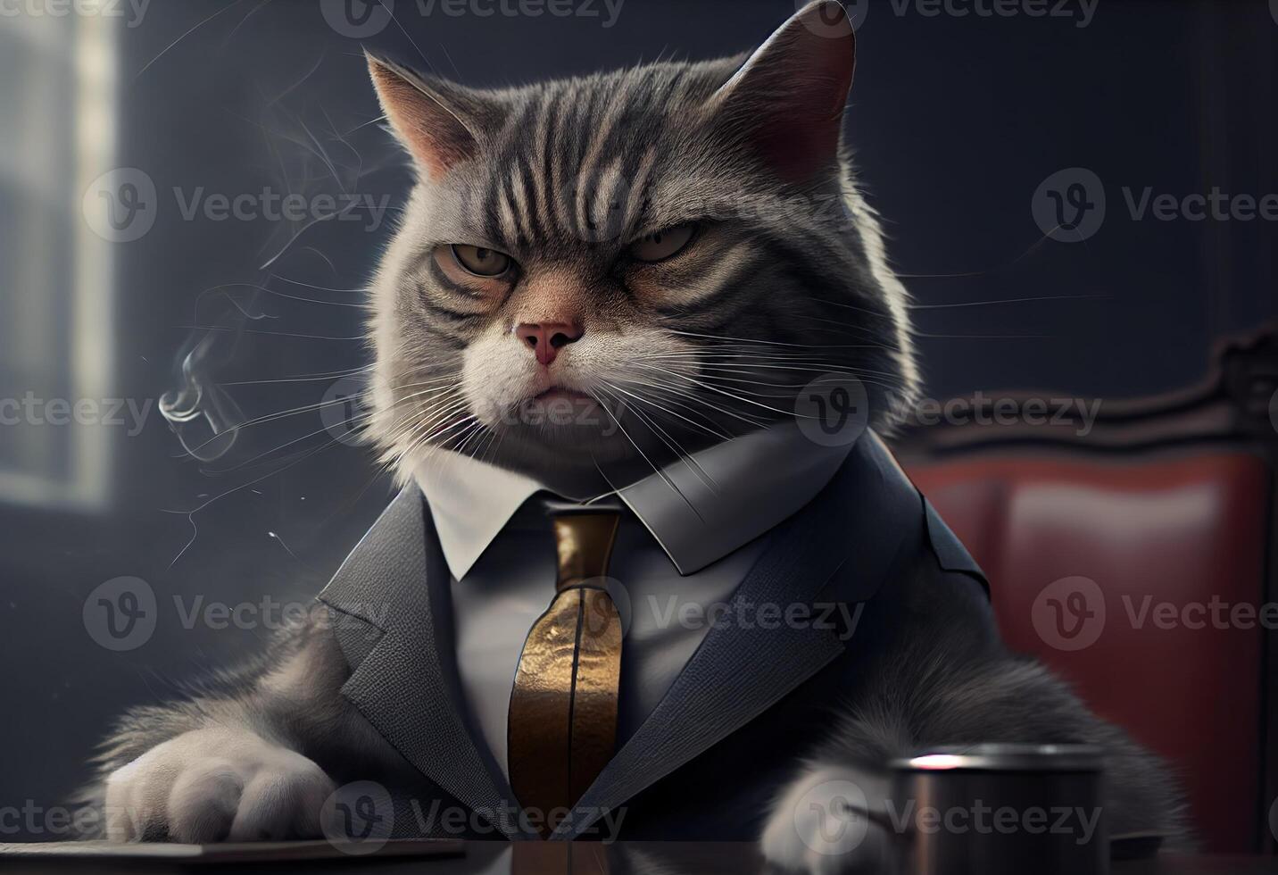 illustration of a cat as a mafia boss smoking photo