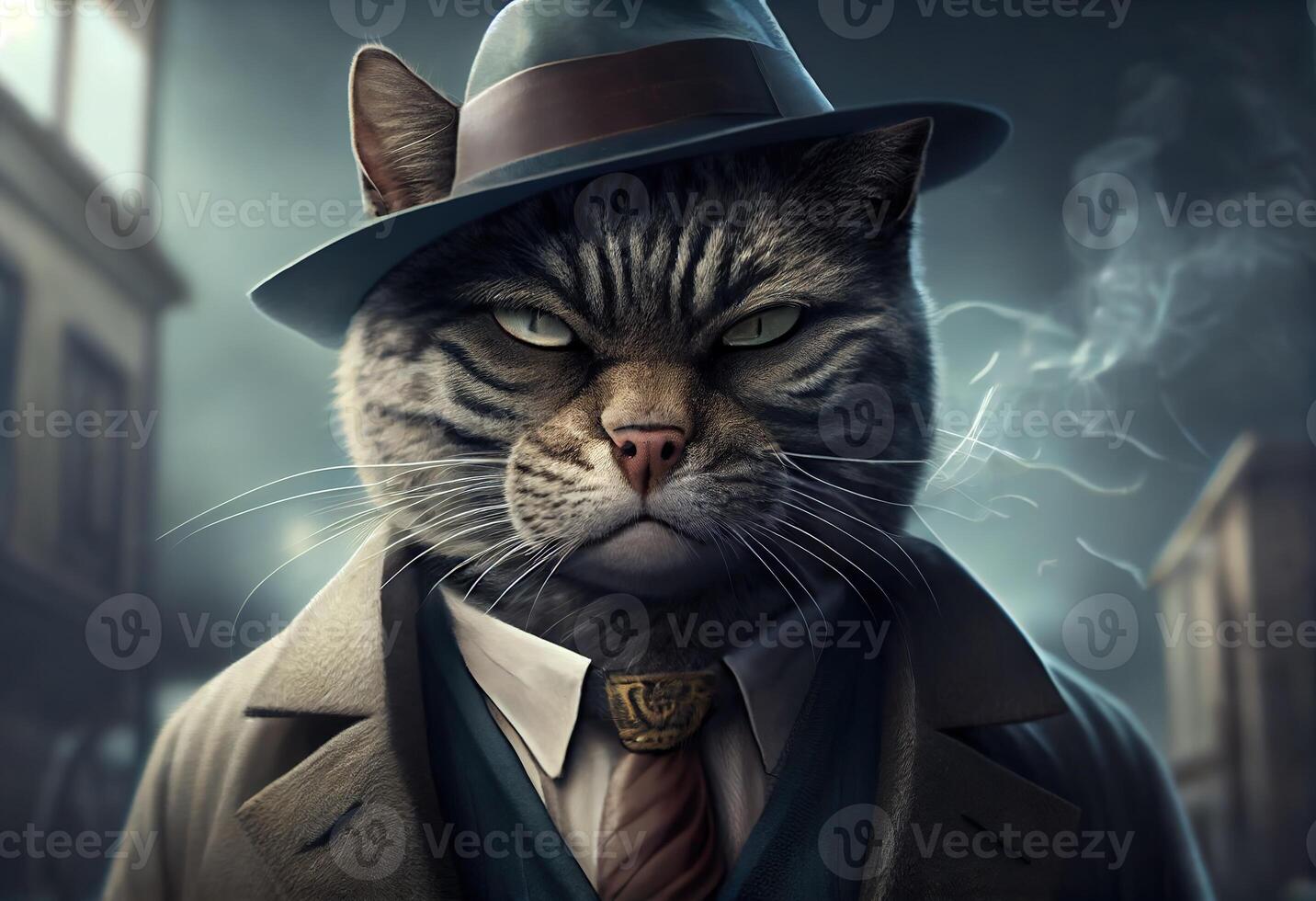 illustration of a cat as a mafia boss smoking photo