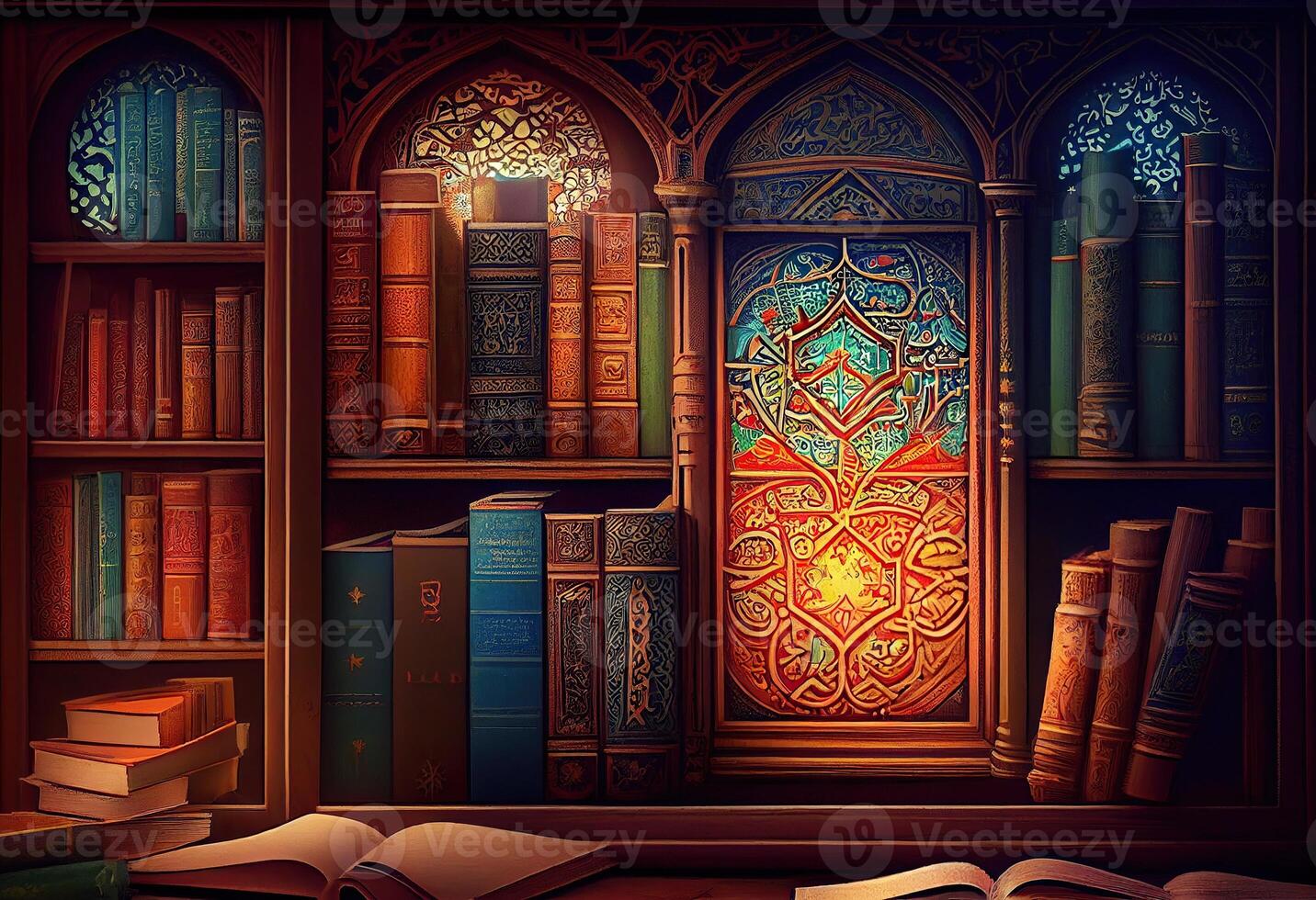 illustration of islamic library books, wallpaper, bright, attractive, love for books photo