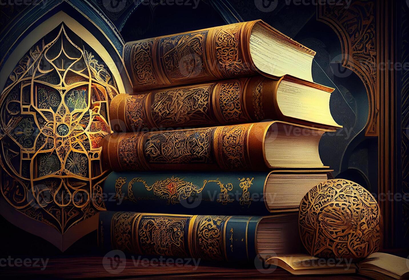 illustration of islamic library books, wallpaper, bright, attractive, love for books photo