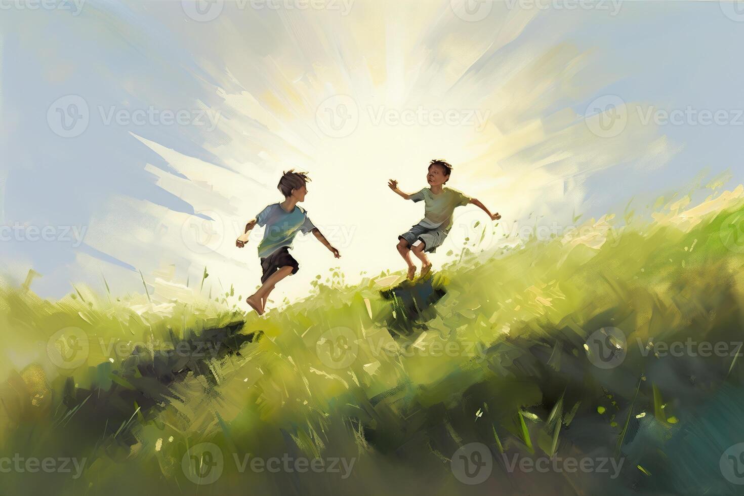 illustration of painting of two kids running on a grassy knoll, upwards into the sunlight, beautiful light photo