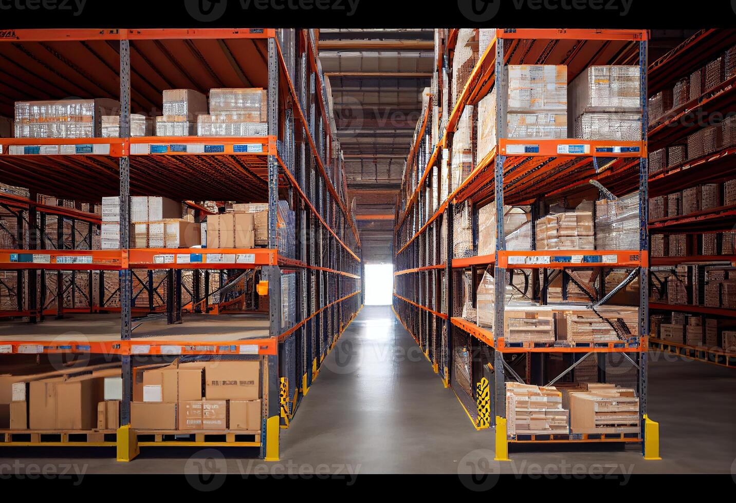 illustration of huge distribution warehouse with high shelves, huge sales warehouse, hundreds of thousands of products, endless factory photo