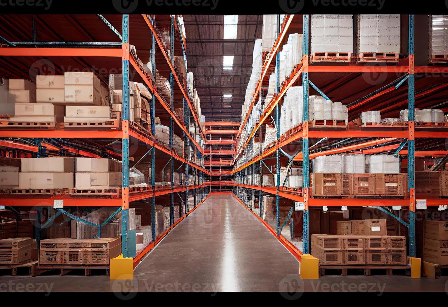 illustration of huge distribution warehouse with high shelves, huge sales warehouse, hundreds of thousands of products, endless factory photo