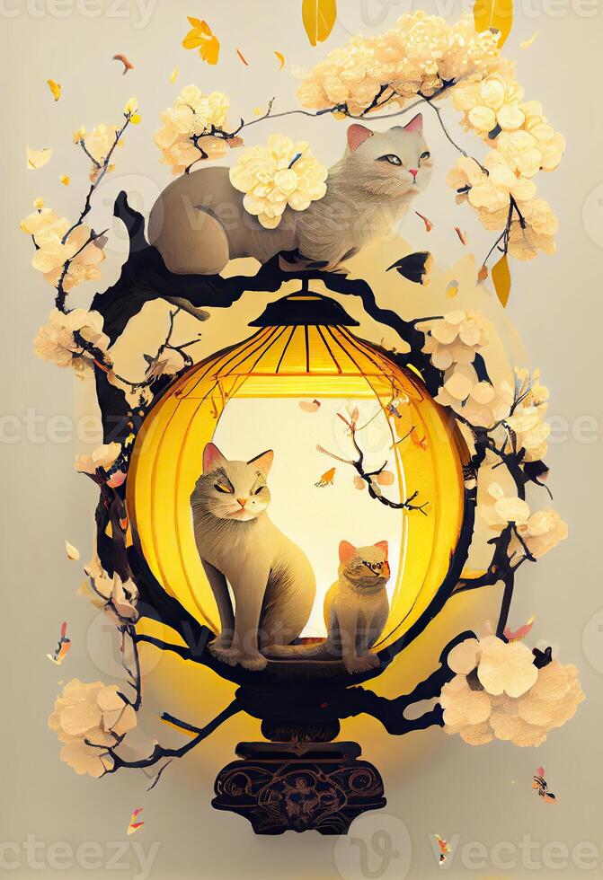 illustration of abstract design chinese new year, cats, spring colors, lantern, yellow Apricot blossom , surreal fantasy, chinese new year. photo