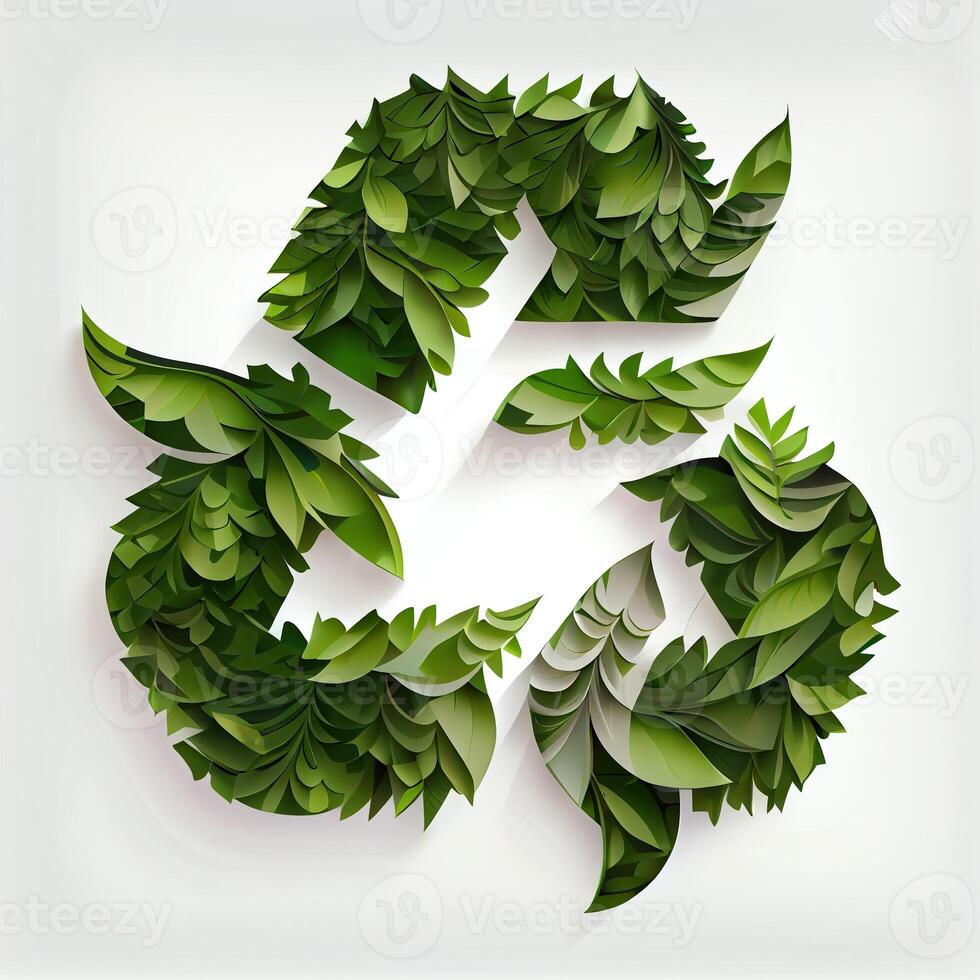 illustration of cartoon recycle symbol made of leaves white background photo