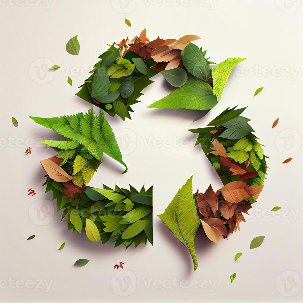 illustration of cartoon recycle symbol made of leaves white background photo