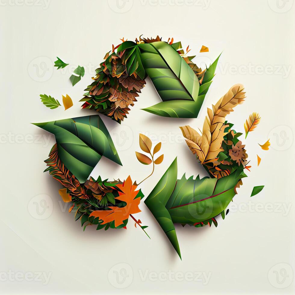 illustration of cartoon recycle symbol made of leaves white background photo