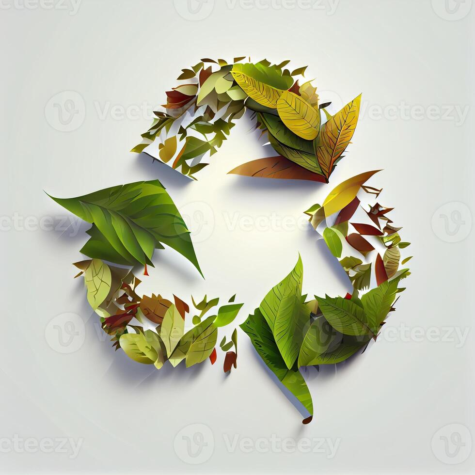 illustration of cartoon recycle symbol made of leaves white background photo