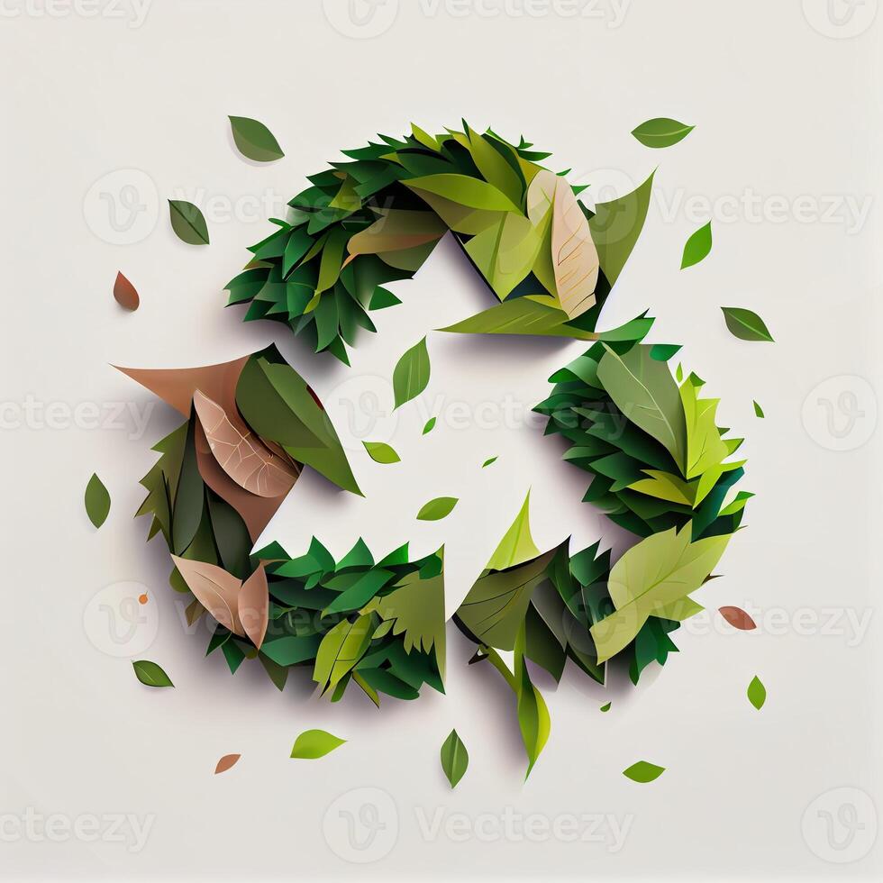 illustration of cartoon recycle symbol made of leaves white background photo