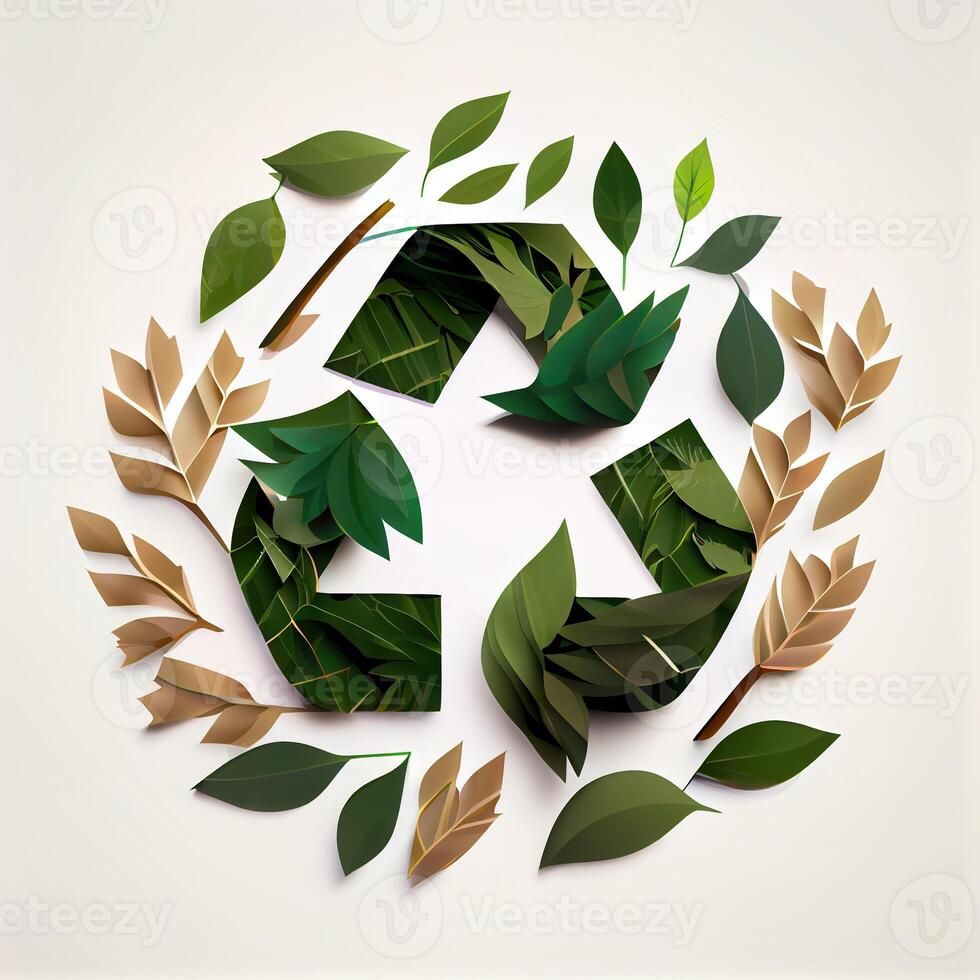 illustration of cartoon recycle symbol made of leaves white background photo