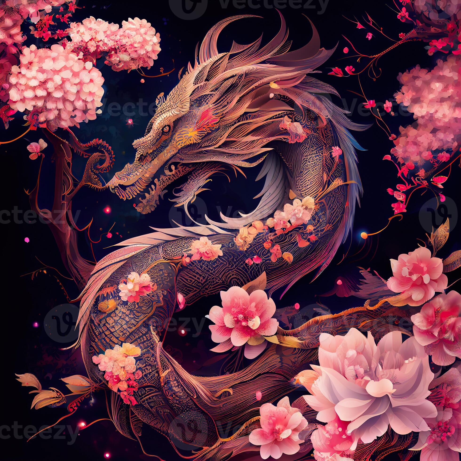 Generative AI illustration of chinese dragon, astral background