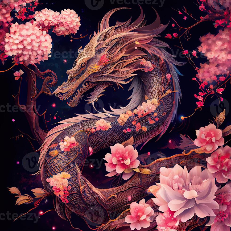 illustration of chinese dragon, astral background, chinese zodiac background, cherry blossom, flowers, chinese new year. photo