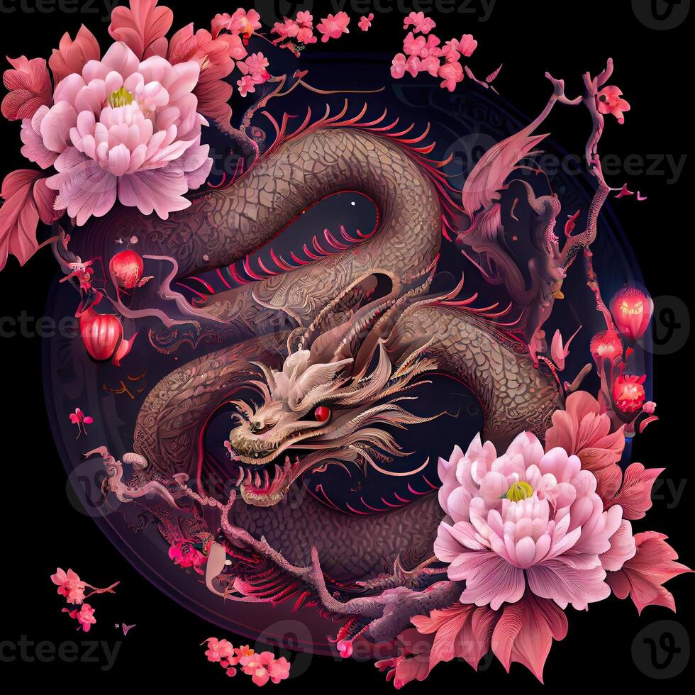 illustration of chinese dragon, astral background, chinese zodiac background, cherry blossom, flowers, chinese new year. photo