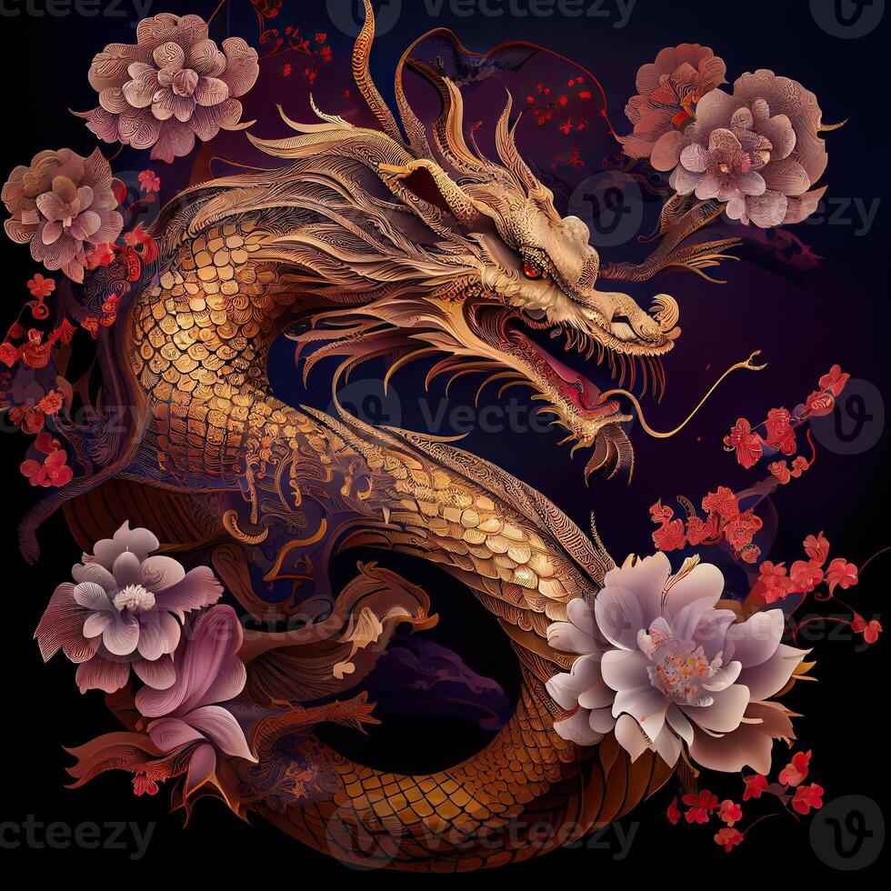 illustration of chinese dragon, astral background, chinese zodiac background, cherry blossom, flowers, chinese new year. photo