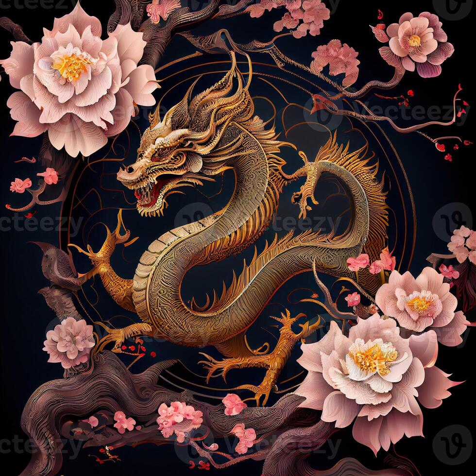 illustration of chinese dragon, astral background, chinese zodiac background, cherry blossom, flowers, chinese new year. photo