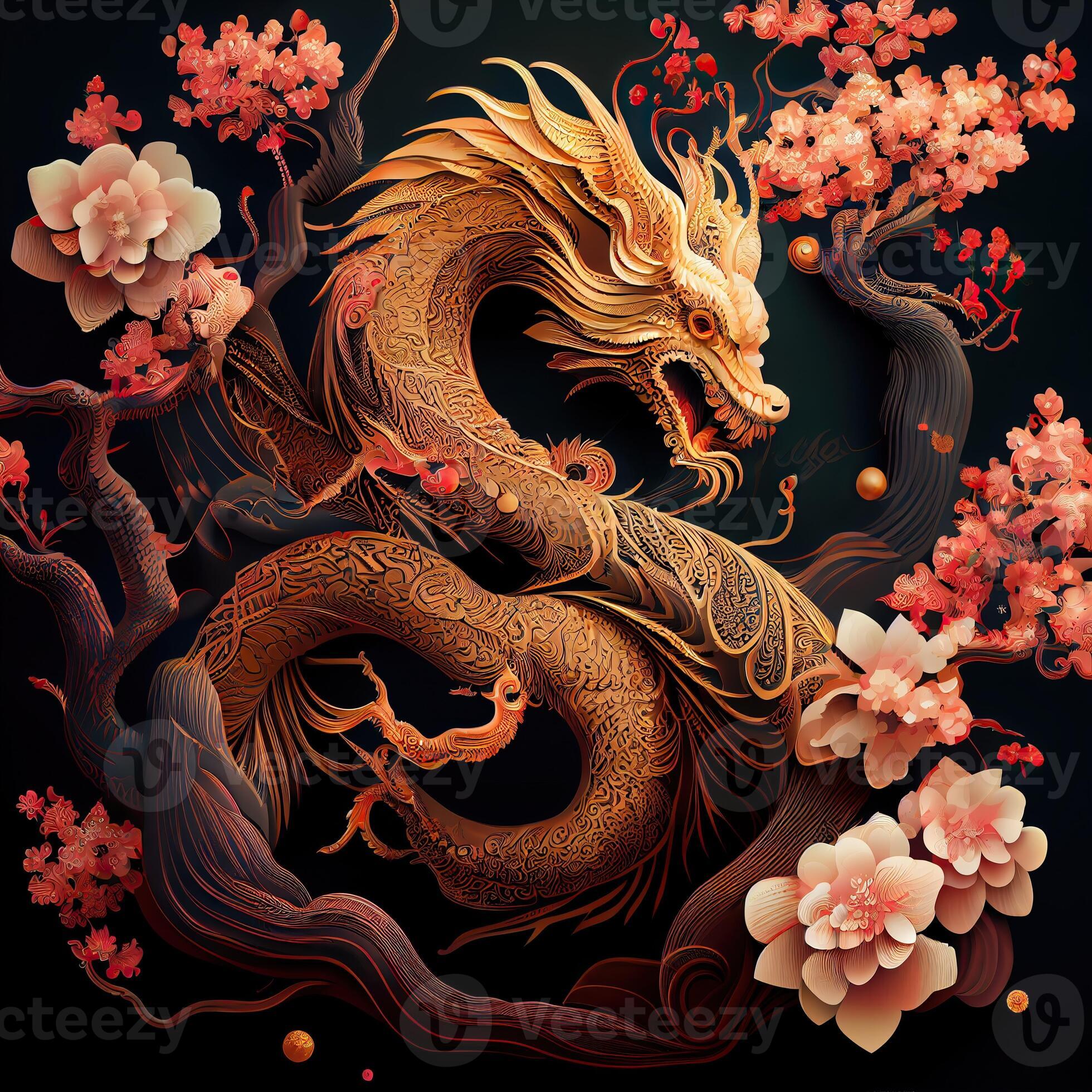 illustration of chinese dragon, astral background, chinese zodiac