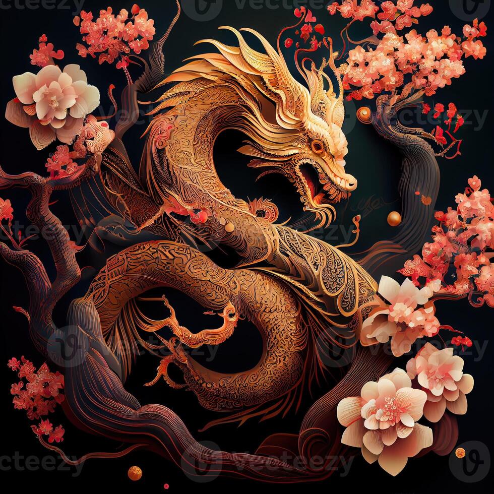 illustration of chinese dragon, astral background, chinese zodiac background, cherry blossom, flowers, chinese new year. photo