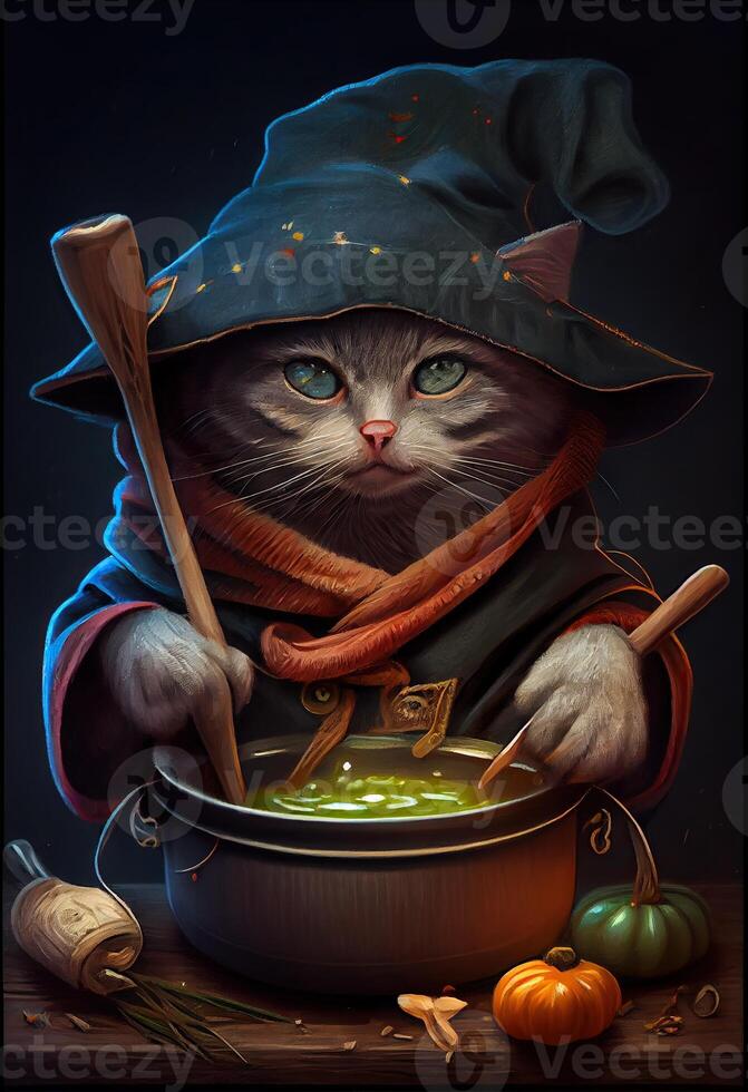 illustration of cute cat with cooking hat cooking soup at a restaurant, dark colors, colorful photo