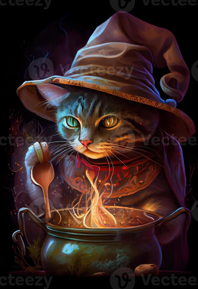 illustration of cute cat with cooking hat cooking soup at a restaurant, dark colors, colorful photo