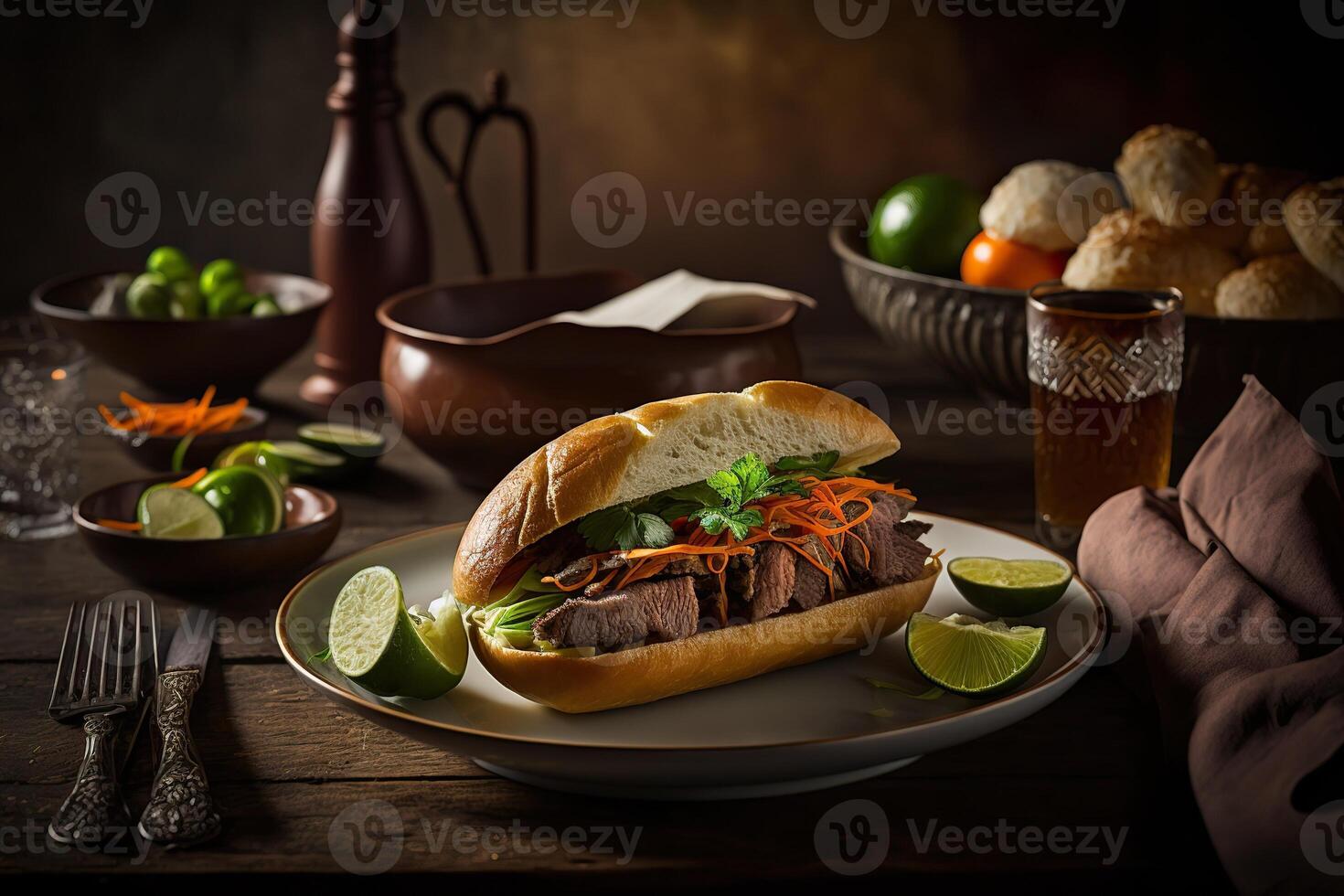 generativo ai ilustración de profesional comida fotografias de lujo banh mi, vietnamita pan, enfatizando el comida intrincado detalles y Fresco ingredientes foto