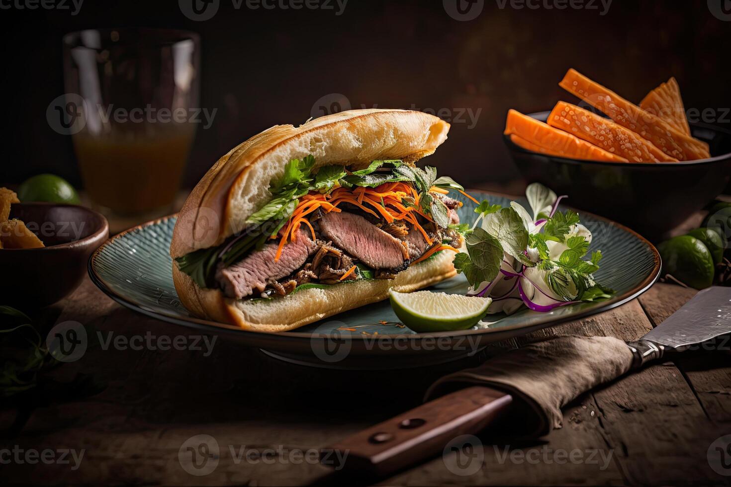 generativo ai ilustración de profesional comida fotografias de lujo banh mi, vietnamita pan, enfatizando el comida intrincado detalles y Fresco ingredientes foto