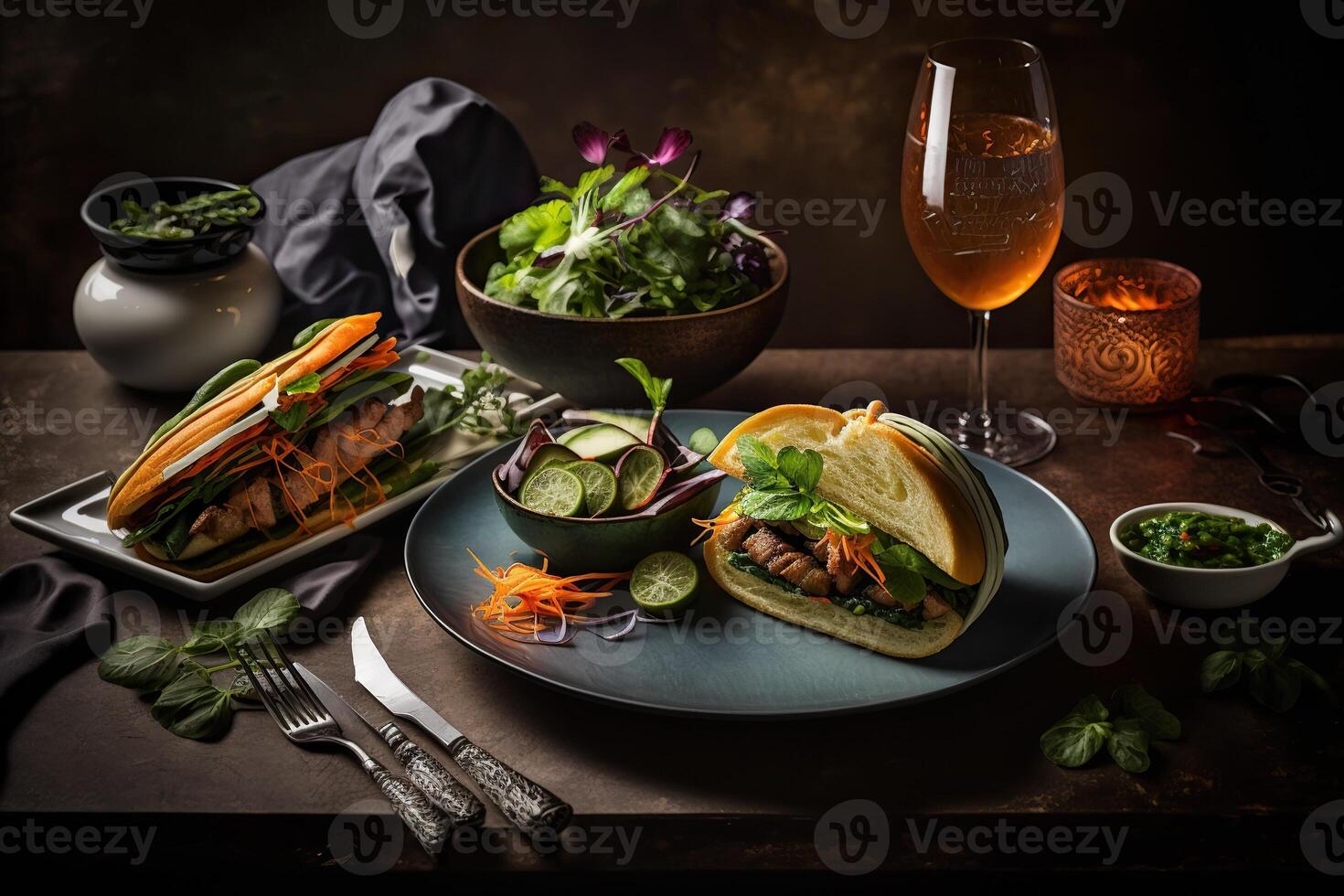 generativo ai ilustración de profesional comida fotografias de lujo banh mi, vietnamita pan, enfatizando el comida intrincado detalles y Fresco ingredientes foto