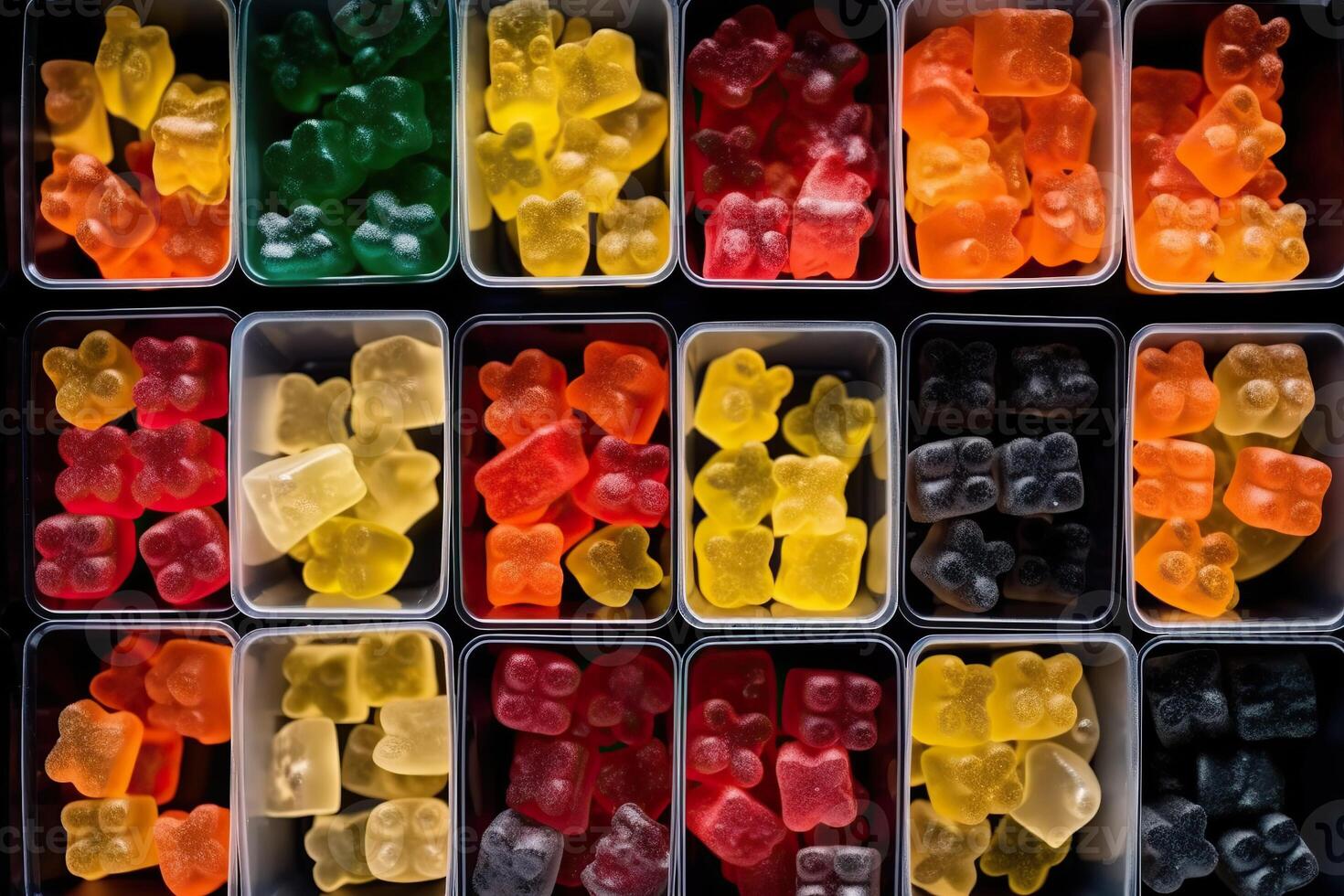 illustration of vast array of different gummy bear flavors in open square containers photo