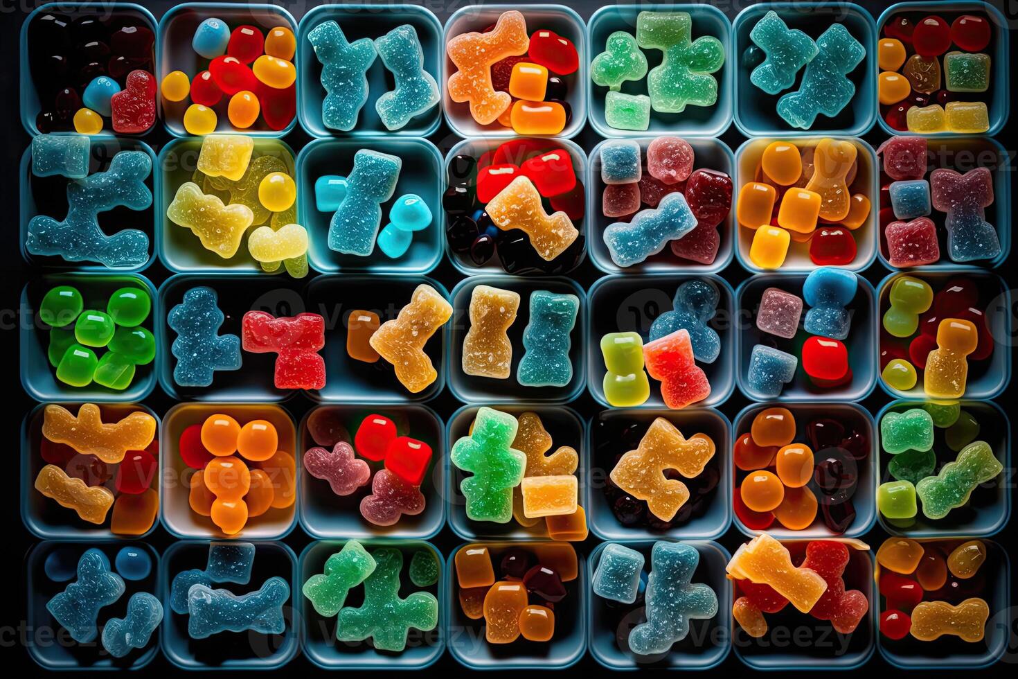 illustration of vast array of different gummy bear flavors in open square containers photo