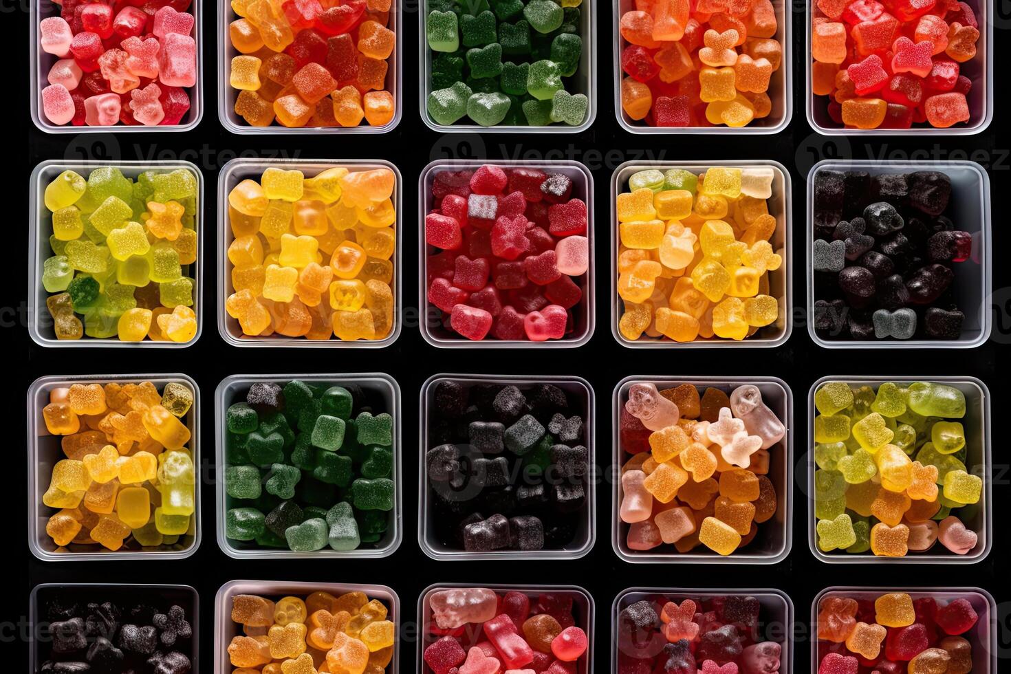 illustration of vast array of different gummy bear flavors in open square containers photo