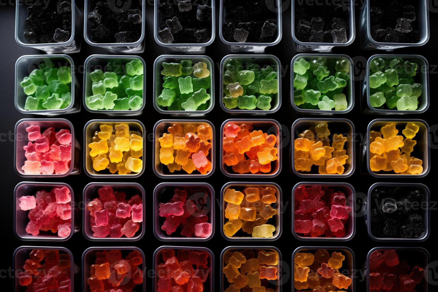 illustration of vast array of different gummy bear flavors in open square containers photo