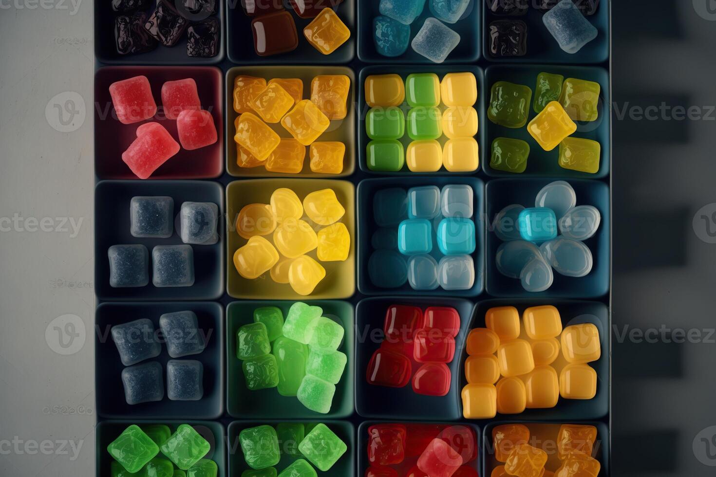 illustration of vast array of different gummy bear flavors in open square containers photo