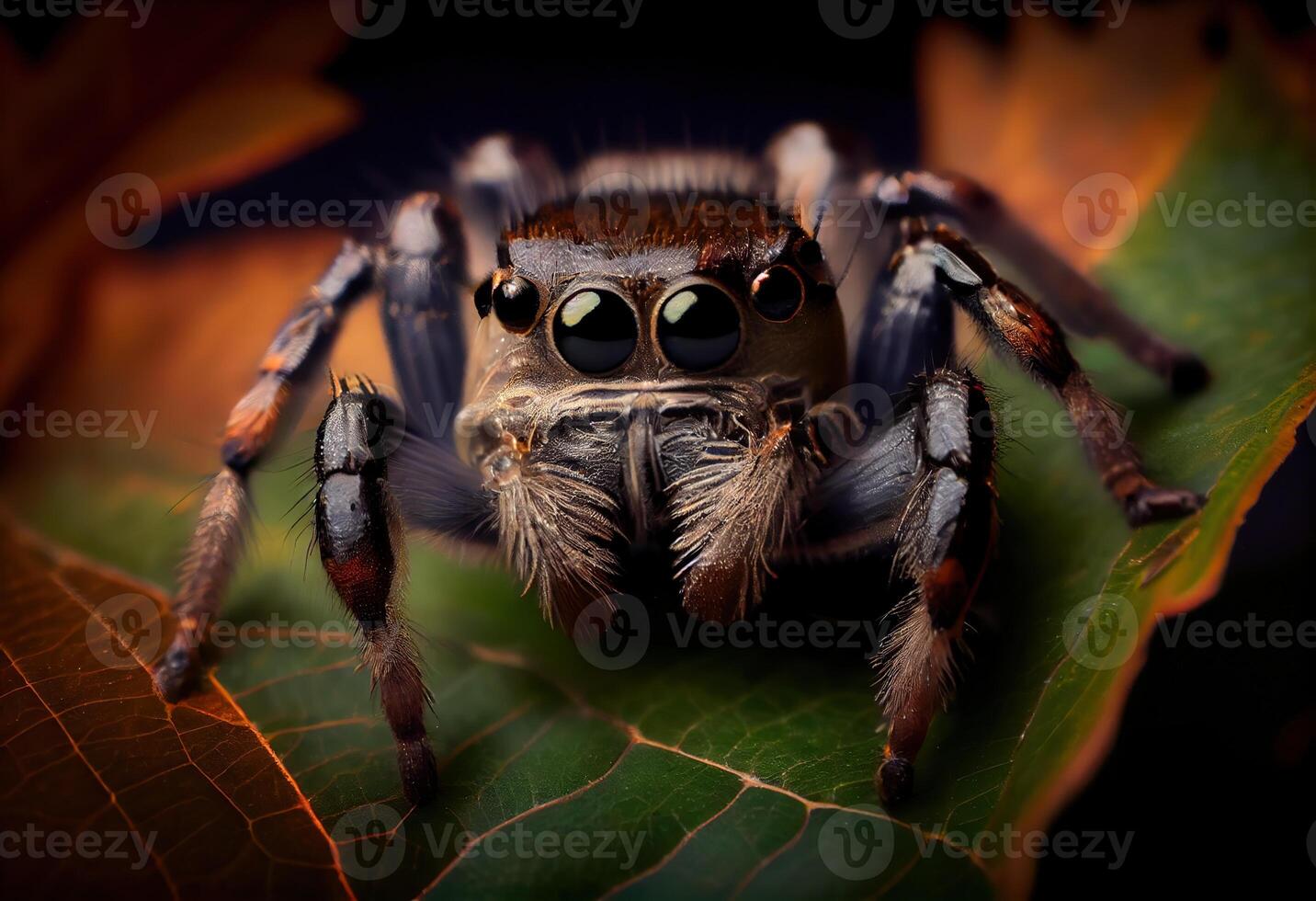 illustration of a jumping spider sitting on a leaf and looking at the camera, in the style of dark brown and gray, exaggerated facial features, heywood hardy photo