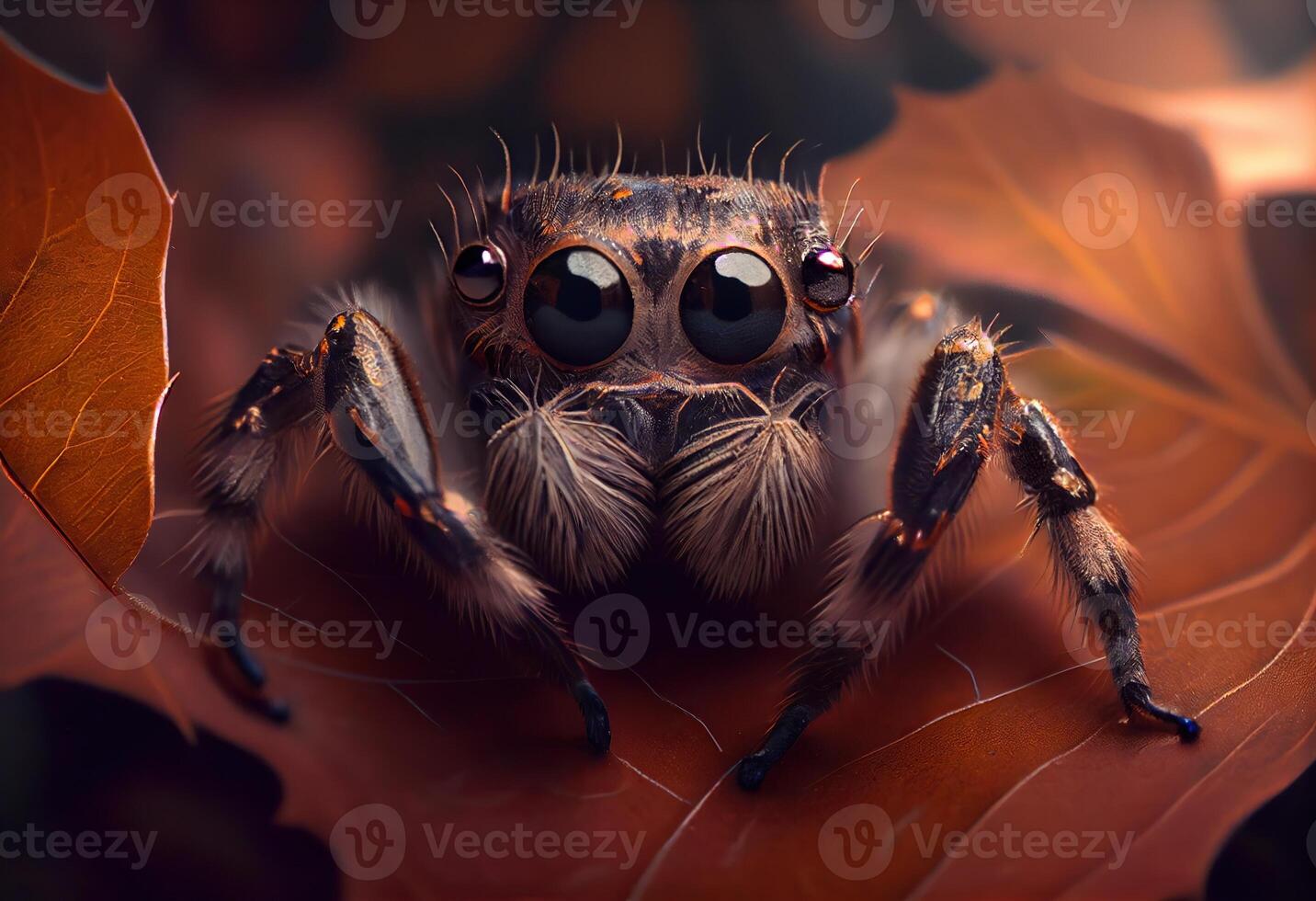 illustration of a jumping spider sitting on a leaf and looking at the camera, in the style of dark brown and gray, exaggerated facial features, heywood hardy photo