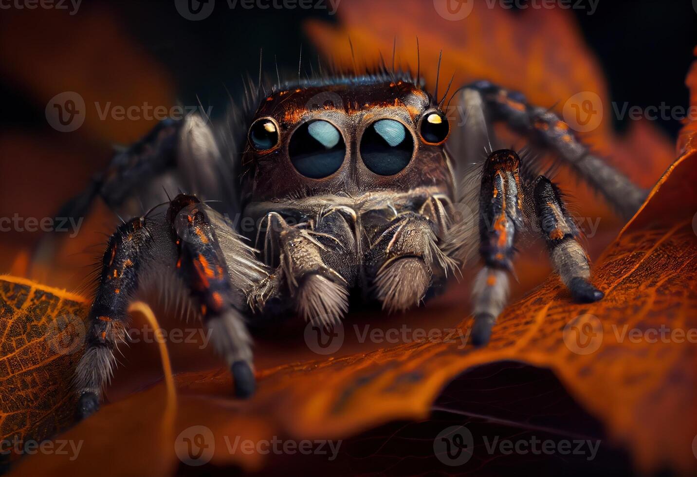 illustration of a jumping spider sitting on a leaf and looking at the camera, in the style of dark brown and gray, exaggerated facial features, heywood hardy photo