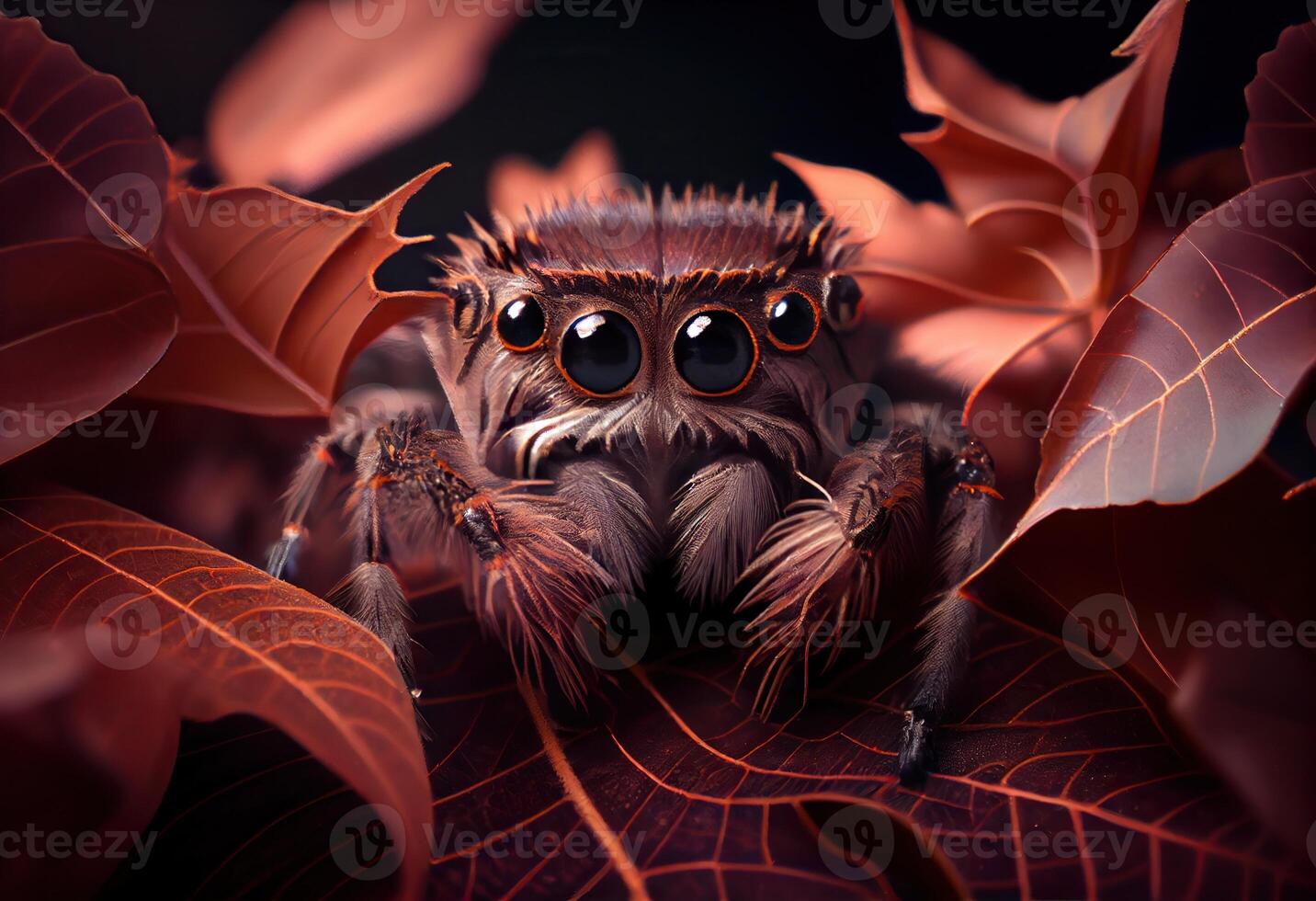 illustration of a jumping spider sitting on a leaf and looking at the camera, in the style of dark brown and gray, exaggerated facial features, heywood hardy photo