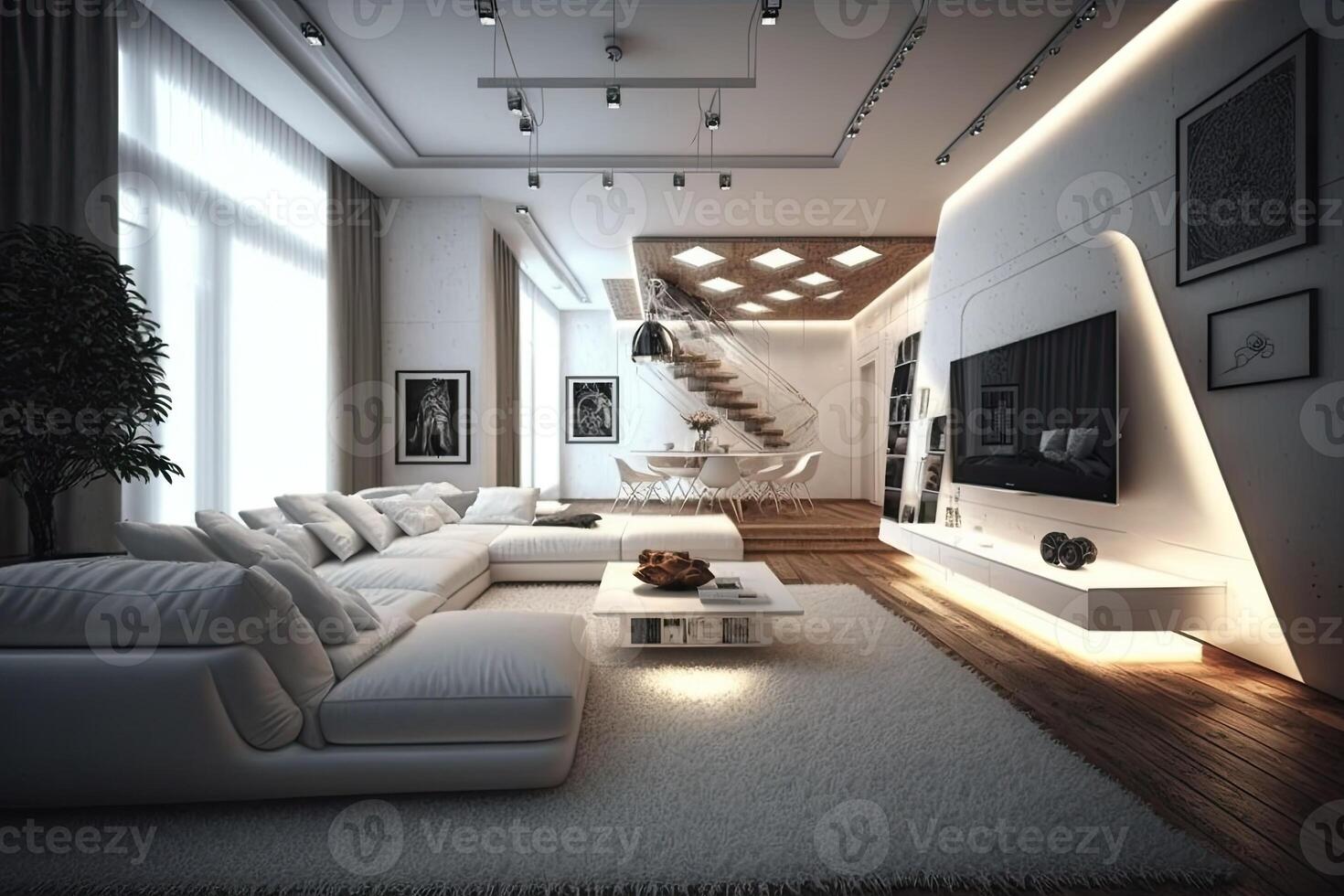 generativo ai ilustración de un moderno vivo habitación, blanco tema, de madera acento, blanco cuero esquina sofá , vaso, luces, un grande alfombra, grande televisión foto
