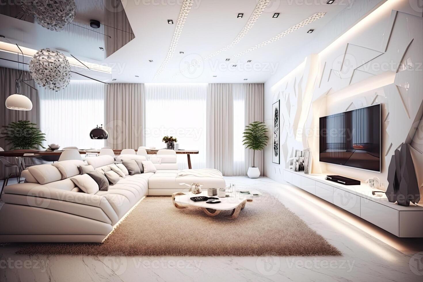 illustration of a modern living room, white theme, wooden accent, white leather corner sofa , glass, lights, a large carpet, big TV photo