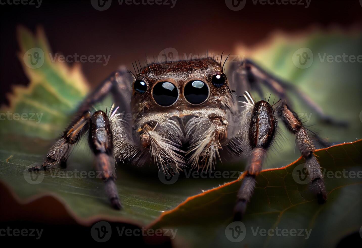 illustration of a jumping spider sitting on a leaf and looking at the camera, in the style of dark brown and gray, exaggerated facial features, heywood hardy photo