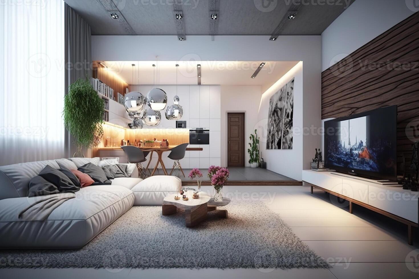 illustration of a modern living room, white theme, wooden accent, white leather corner sofa , glass, lights, a large carpet, big TV photo
