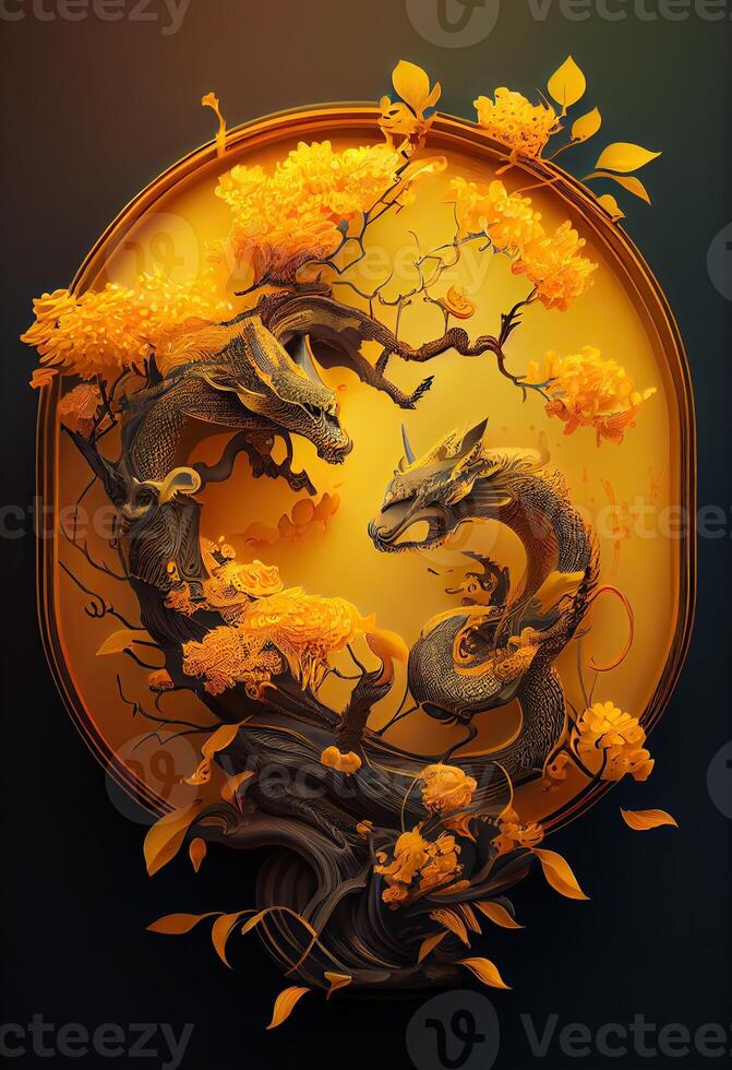 illustration of paper cut craft, quilling multi dimensional Chinese style, zodiac dragon with lanterns and cherry blossoms in background, chinese new year. photo