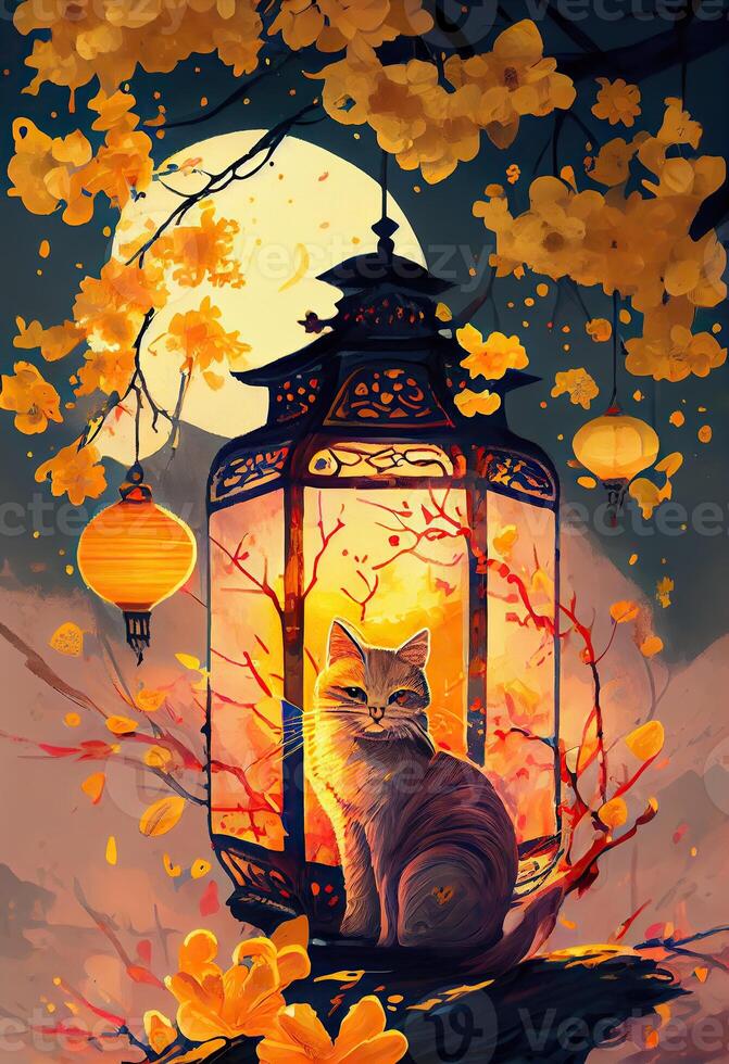 illustration of abstract design chinese new year, cats, spring colors, lantern, yellow Apricot blossom , surreal fantasy, chinese new year. photo