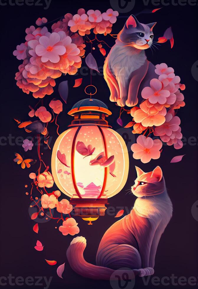 illustration of abstract design chinese new year, cats, spring colors, cute zodiac kitty cat with lanterns and cherry blossoms in background, chinese new year photo