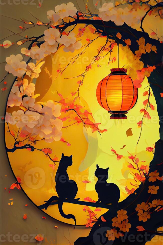 illustration of abstract design chinese new year, cats, spring colors, lantern, yellow Apricot blossom , surreal fantasy, chinese new year. photo