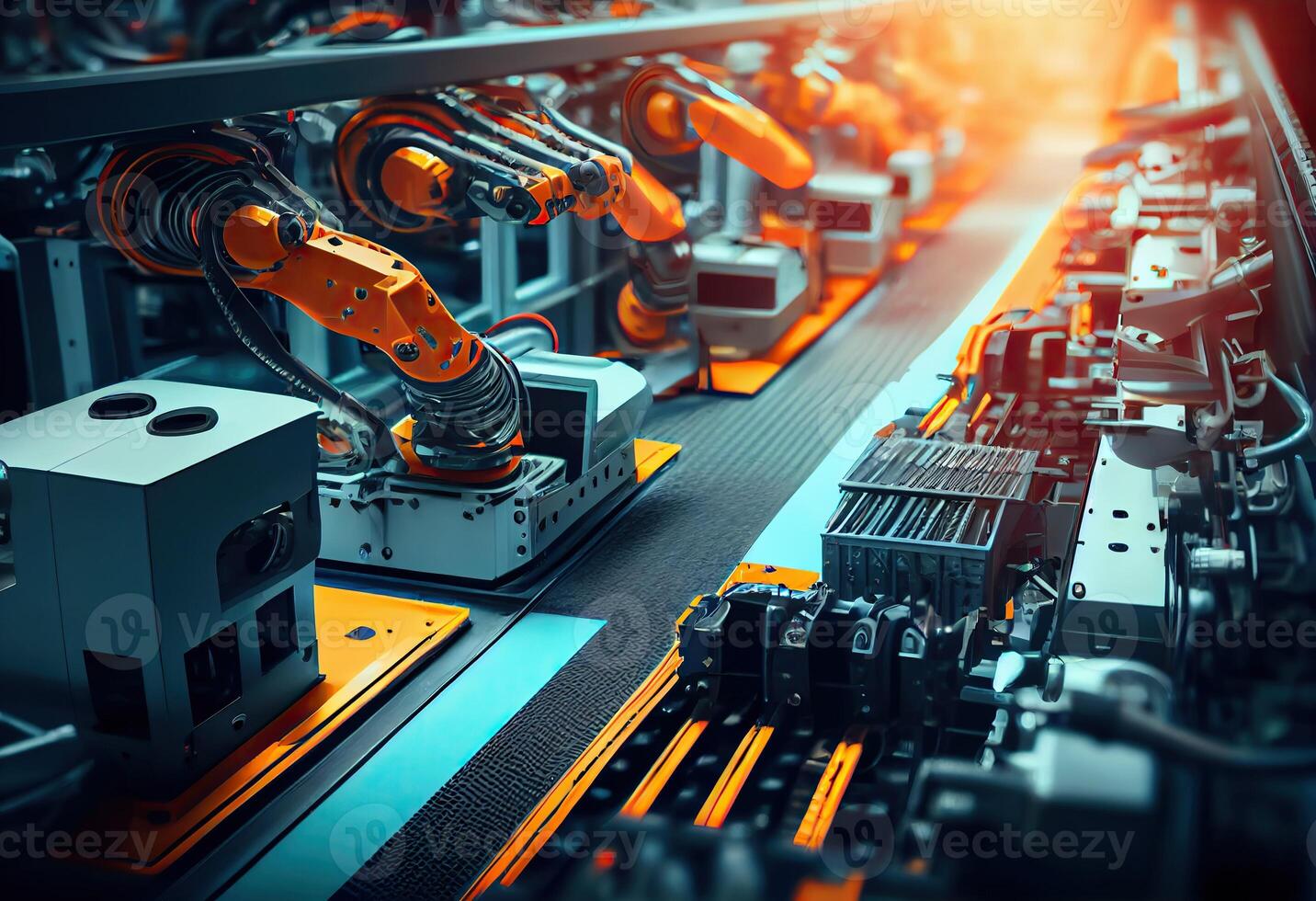 illustration of smart factory, robotic arm, industry 5.0, car assembly line, car manufacturer, 3D Robot automated team working, future process futuristic industry engineering background photo