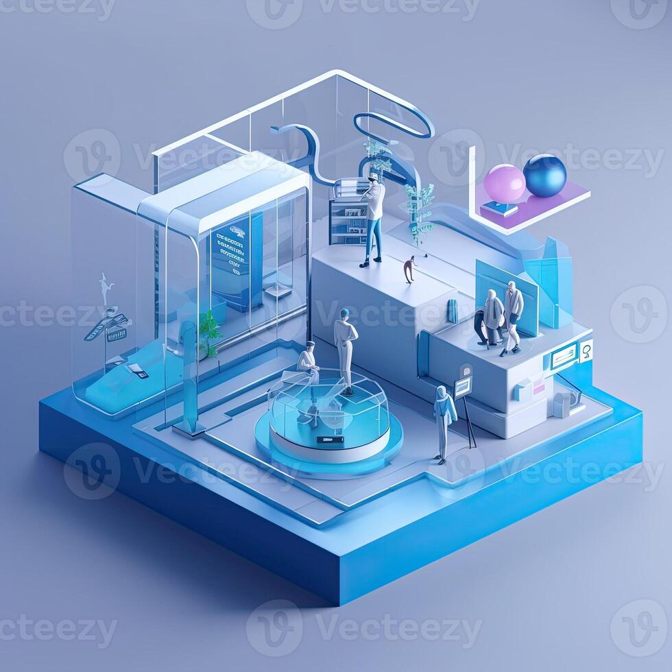 illustration of 3D miniature scene that embodies the concept of technology and humanities fusion within a smart community. Incorporate elements photo