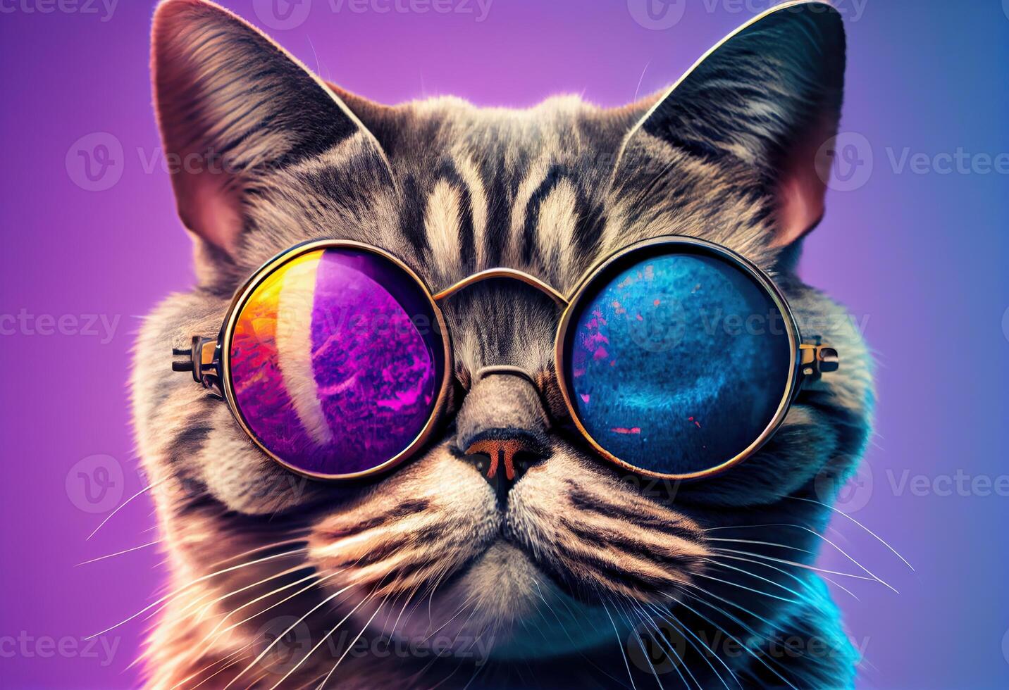 illustration of closeup portrait of funny cat wearing sunglasses isolated on pastel background. surreal fantasy, copyspace photo