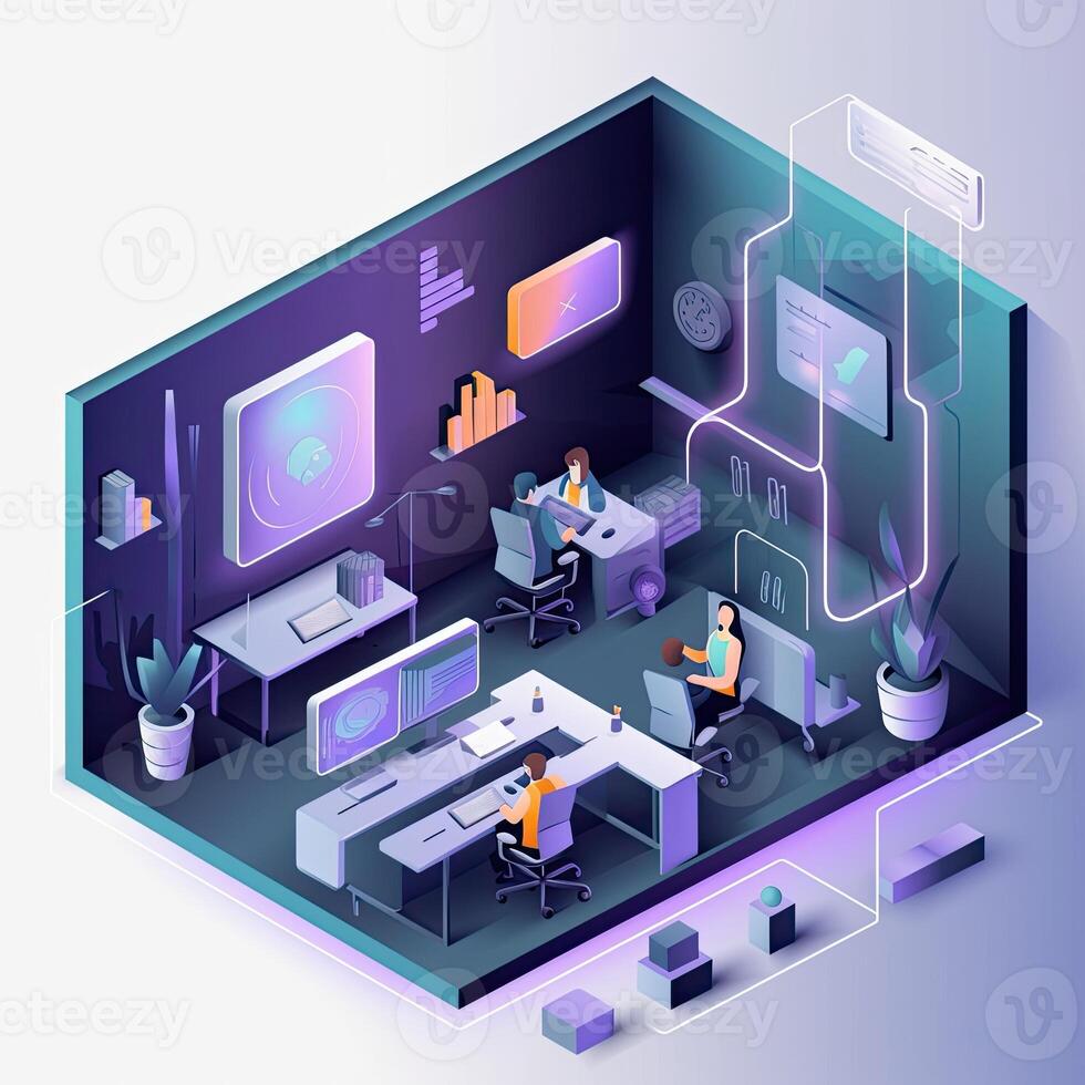 illustration of 3D isometric illustration of our futuristic web agency office, showcasing the high tech and modern design of our workplace photo
