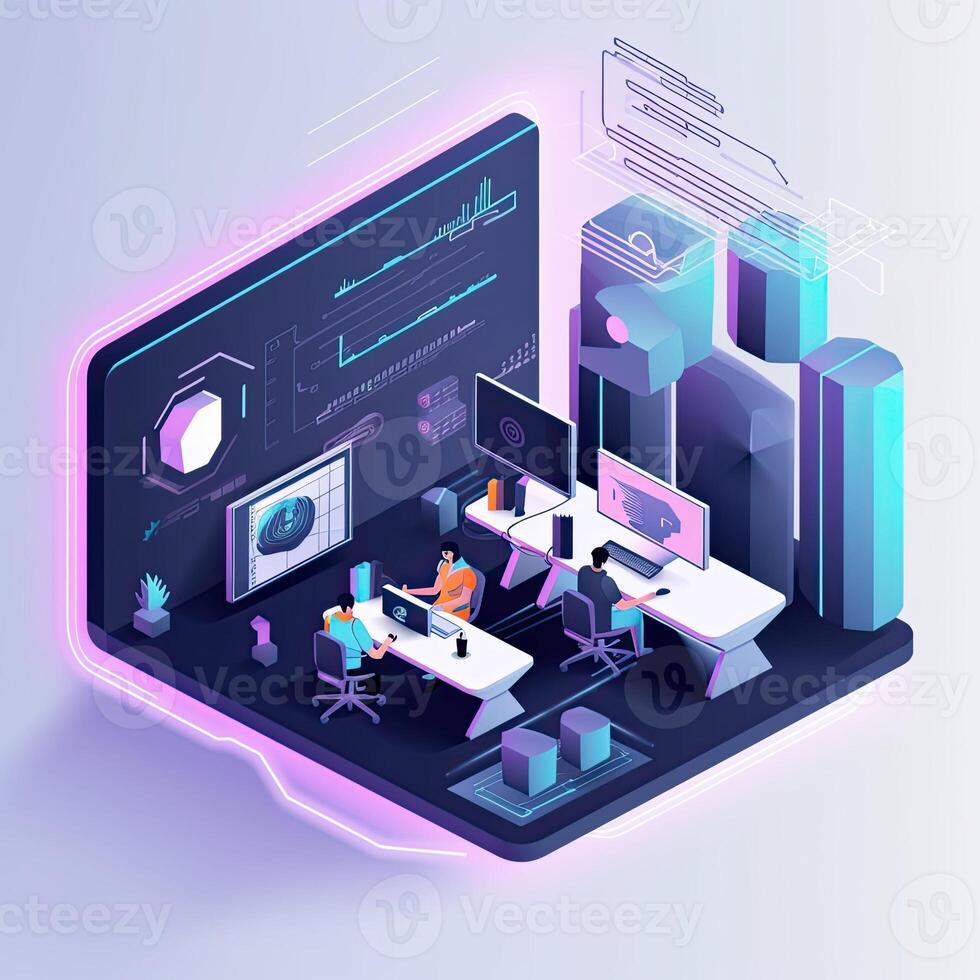 illustration of 3D isometric illustration of our futuristic web agency office, showcasing the high tech and modern design of our workplace photo