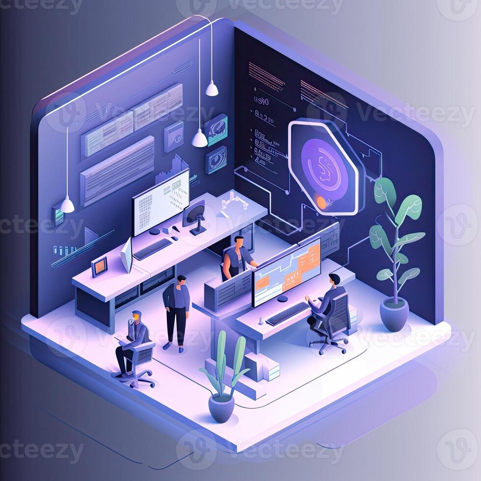 generativo ai ilustración de 3d isométrica ilustración de nuestra futurista web agencia oficina, exhibiendo el alto tecnología y moderno diseño de nuestra lugar de trabajo foto